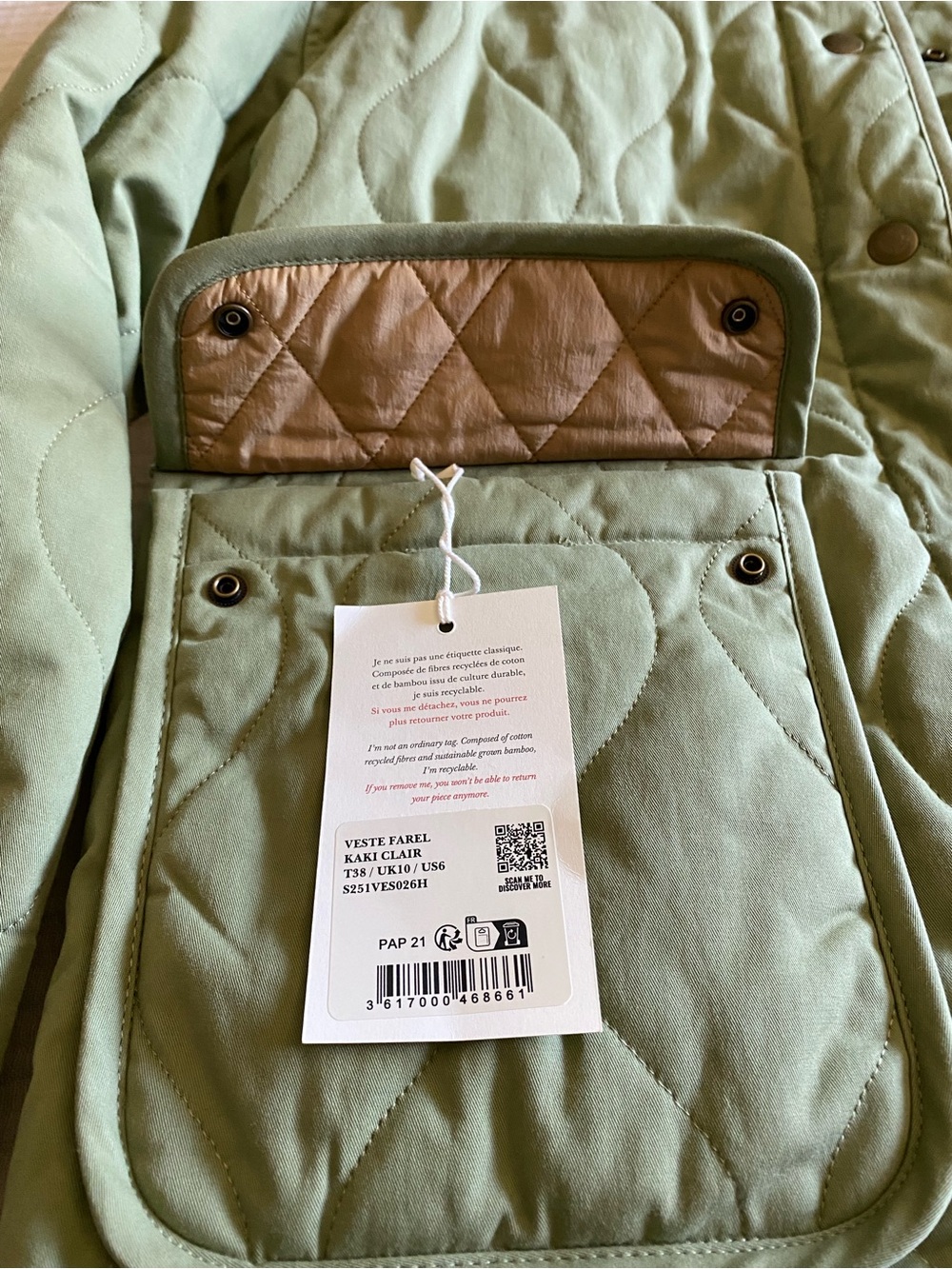 Sezane Quilted Light Olive Green Women’s Jacket - Picture 8 of 15